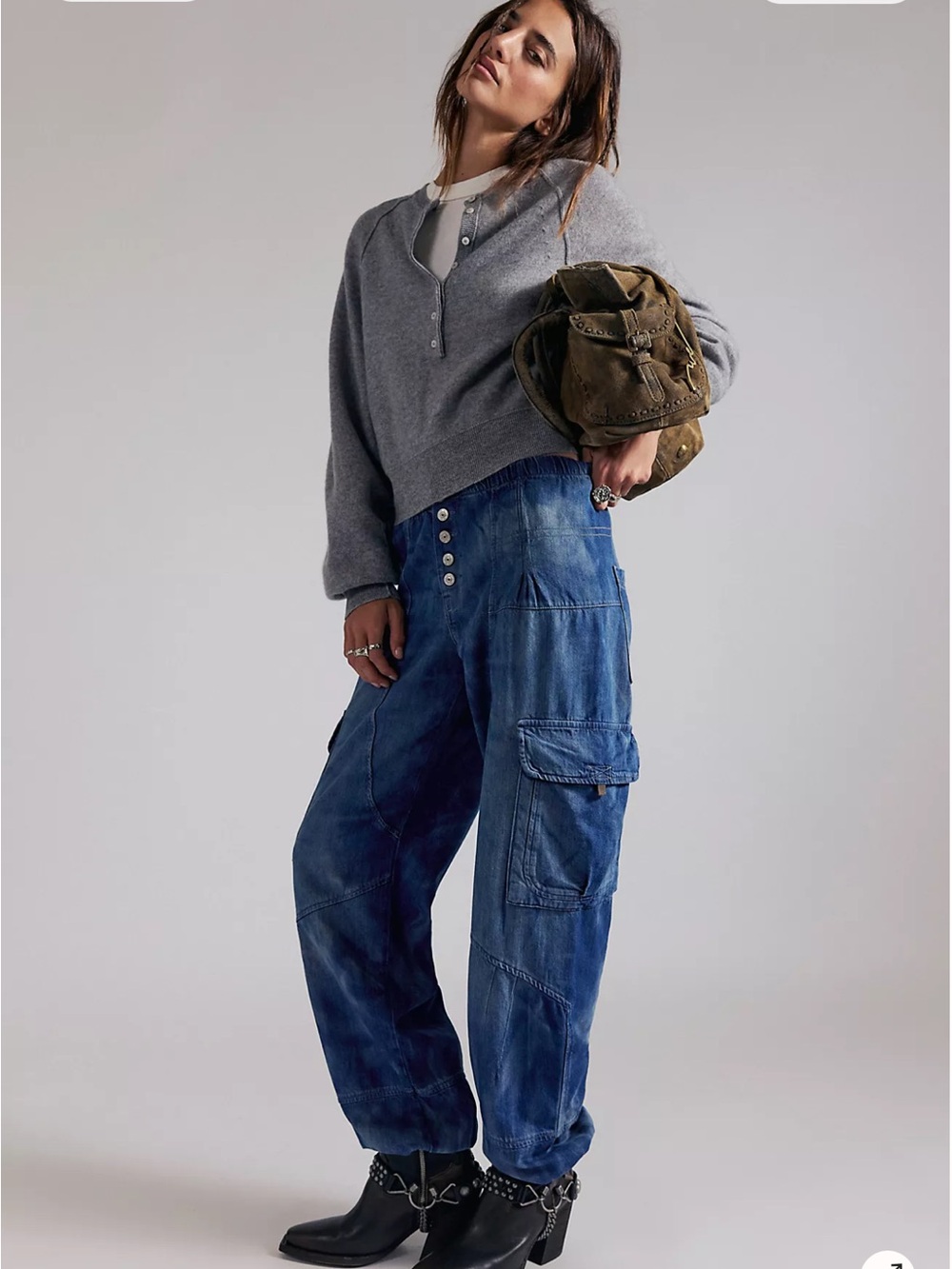 We The Free Relaxed Wall flower Blue Cargo Denim Jeans